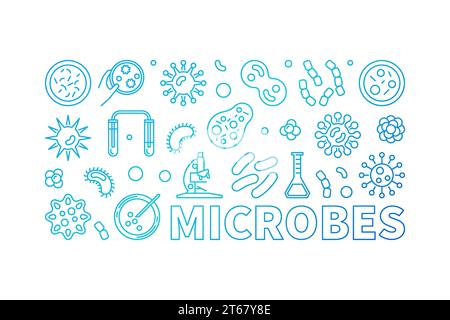 Vector microbes blue outline banner - concept illustration made with bacteria and microbe outline icons on white background Stock Vector