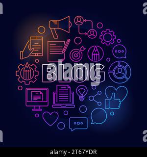 Blogging round colorful illustration - vector circular concept symbol made with word BLOG and thin line blogging icons on dark background Stock Vector