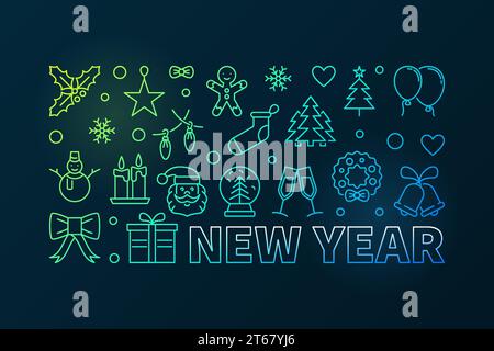 NEW YEAR vector colored illustration or horizontal banner in thin line style on dark background Stock Vector