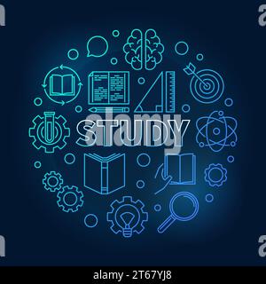 Study vector round education blue illustration in thin line style on dark background Stock Vector