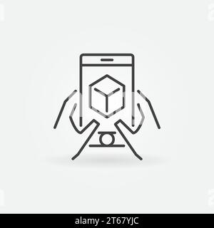 Hands with smart-phone linear icon. Augmented Reality or AR concept outline symbol Stock Vector