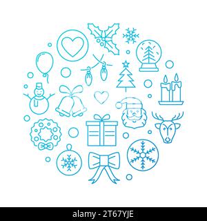 Xmas blue vector round illustration or symbol in thin line style on white background Stock Vector