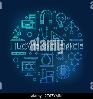 I love science vector blue round illustration in outline style. Education and science concept linear icons in circle shape on dark background Stock Vector