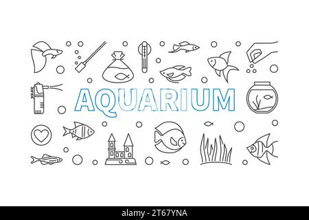 Aquarium vector horizontal banner in thin line style. Aquariumistics concept minimal illustration Stock Vector