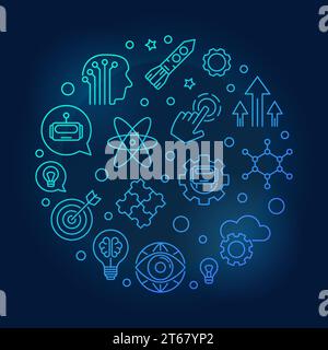 Innovation vector round blue concept minimal illustration in thin line style on dark background Stock Vector