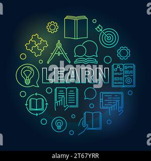 Learn vector round concept colored education illustration in thin line style on dark background Stock Vector