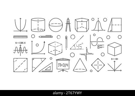 Trigonometry and mathematics outline illustration. Vector education or science linear concept banner Stock Vector