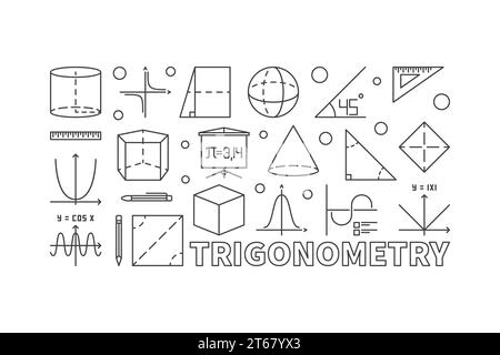 Trigonometry and math minimal illustration or banner in line style on white background Stock Vector
