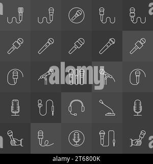 Vector microphone icons collection. Linear mic symbols on dark background Stock Vector