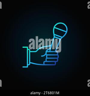 Microphone in hand blue vector concept icon or symbol on dark background Stock Vector