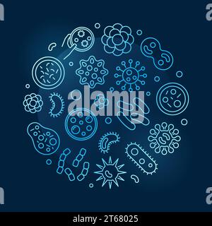 Viruses and pathogens vector blue symbol. Vector circular pathogen concept illustration made with microbes and viruses line icons on dark background Stock Vector