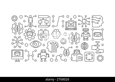 Cyberbrain and artificial intelligence vector banner or illustration in thin line style on white background Stock Vector
