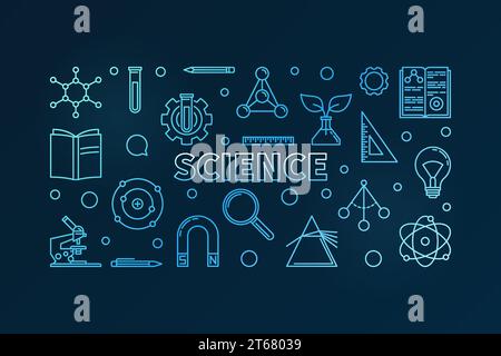 Science modern horizontal vector blue illustration in outline style on dark background Stock Vector
