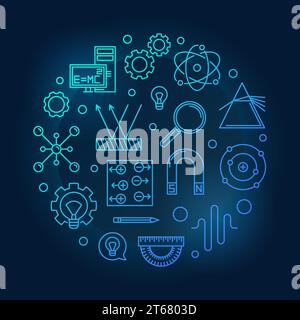 Physics vector round blue illustration made of science and education icons in thin line style on dark background Stock Vector