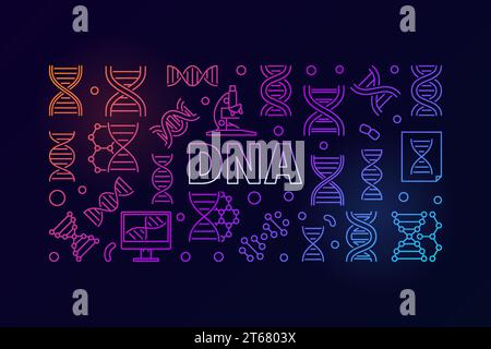 DNA vector science colorful horizontal banner or illustration in thin line style on dark background Stock Vector