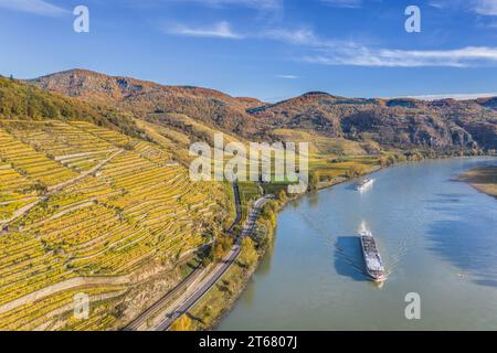 Panorama of Wachau valley (Unesco world heritage site) with ships on Danube river near the Weissenkirchen village in Lower Austria, Austria Stock Photo