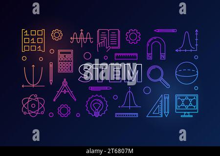 STEM creative colored banner in outline style. Vector science, technology, engineering, math linear illustration on dark background Stock Vector