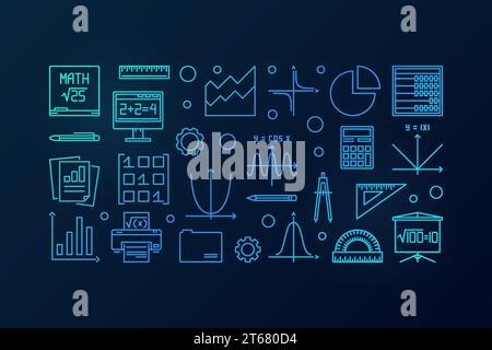Math vector blue line banner - vector linear education and science concept illustration on dark background Stock Vector