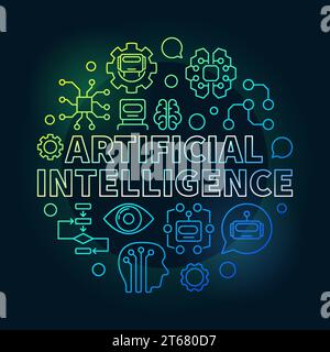 AI round colorful illustration - vector outline symbol made with words Artificial Intelligence and technology icons on dark backgroun Stock Vector