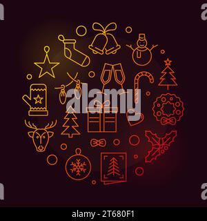 Vector Happy New Year circular colored illustration in thin line style on dark background Stock Vector