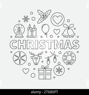 Christmas round vector linear symbol. Xmas minimal illustration in thin line style Stock Vector
