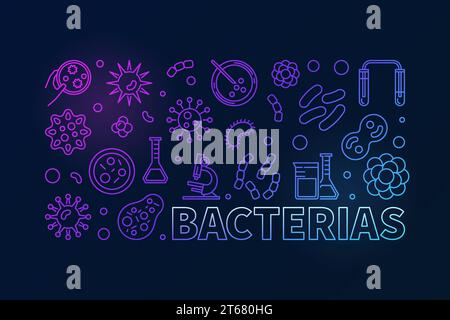 Vector bacterias colorful linear banner. Concept illustration made with bacteria and microbe outline icons on dark background Stock Vector