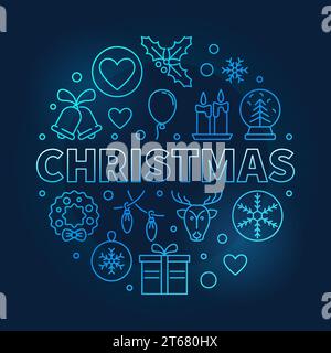 Christmas round vector blue outline symbol. Xmas minimal illustration in thin line style on dark background Stock Vector