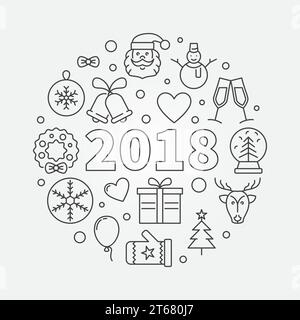 Happy New 2018 Year vector round illustration or symbol in thin line style Stock Vector