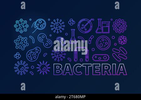 Vector bacteria colored outline banner - concept illustration made with bacterias and viruses outline icons on dark background Stock Vector