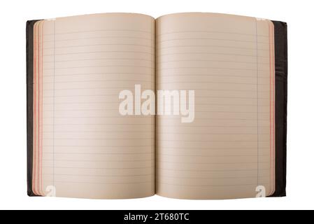 Antique open notebook with lines on pages  yellowed by time, isolated on white with clipping path included, top view Stock Photo