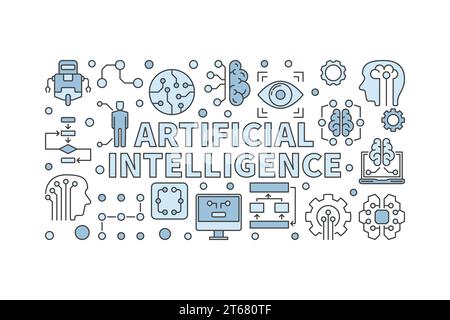 Artificial intelligence illustration. Vector minimal AI and computer brain horizontal banner on white background Stock Vector