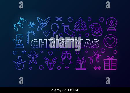 Christmas colored vector horizontal banner or illustration in thin line style on dark background Stock Vector