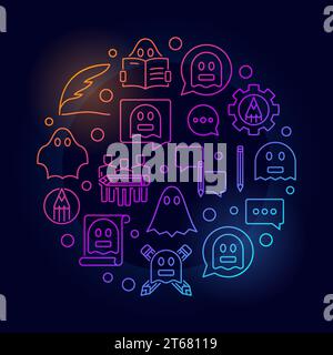 Colorful ghostwriting circular illustration - vector round ghost writer creative outline sign on dark background Stock Vector