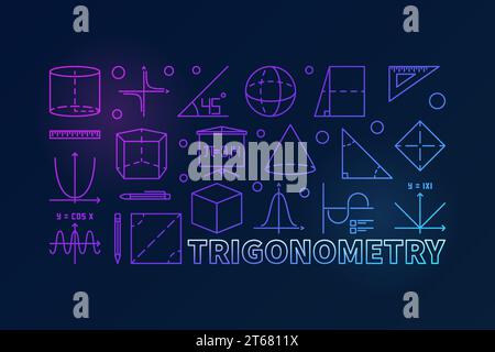 Trigonometry and math colorful illustration or banner in line style on dark background Stock Vector
