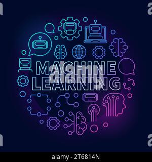 Machine learning colorful vector circular line illustration on dark background Stock Vector