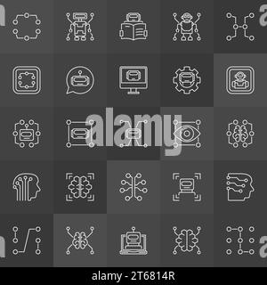 Machine learning vector concept icons or signs in thin line style on dark background Stock Vector