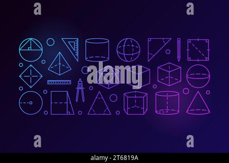 Geometry vector outline colorful illustration made with geometric shapes icons on dark background Stock Vector