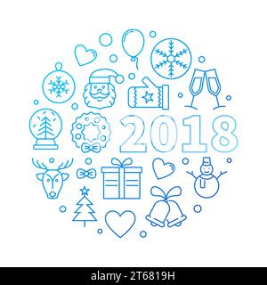 Happy New Year 2018 vector blue outline illustration or symbol on white background Stock Vector
