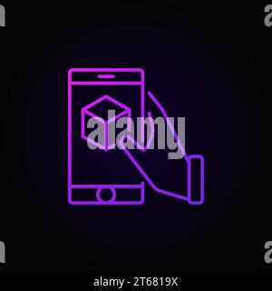 Hand holding smartphone with cube inside purple icon. AR vector concept symbol in thin line style on dark background Stock Vector