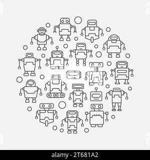 Robots round illustration. Vector circular symbol made with outline robot icons Stock Vector
