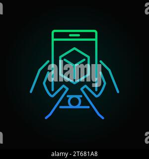 Hands with smart-phone linear colored icon. Augmented Reality or AR concept outline symbol on dark background Stock Vector