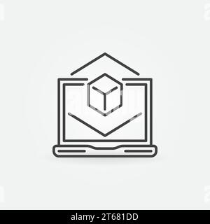 Laptop with cube linear icon. Vector AR concept sign in thin line style Stock Vector