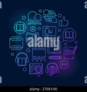 Online courses round blue illustration. Vector corful e-learning and education concept outline sign on dark background Stock Vector