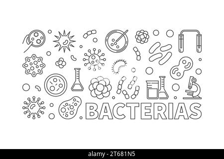 Vector bacterias thin line banner. Concept illustration made with bacteria and microbe outline icons Stock Vector