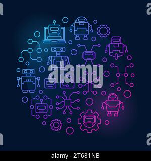 Artificial intelligence round colorful illustration - vector technology concept symbol made with robots and AI icons on dark background Stock Vector