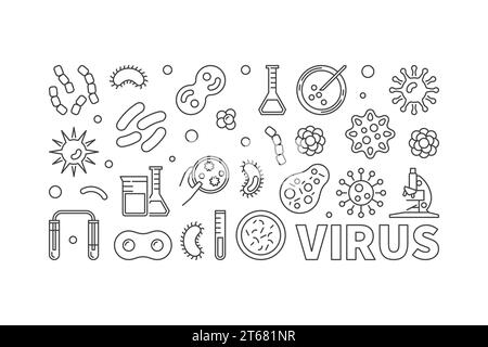 Vector virus illustration or banner made with viruses and bacterias line icons on white background Stock Vector