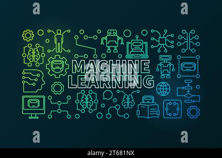 Modern colorful vector illustration made with outline words Machine Learning and technology icons on dark background Stock Vector