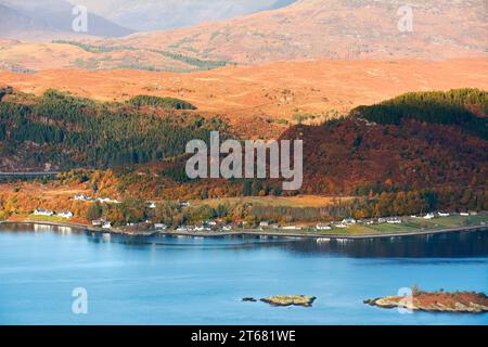 Plockton Loch Carron Wester Ross Scotland view from the crags looking north to Ardaneaskan village and houses on the shoreline Stock Photo