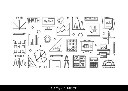 Mathematics vector thin line banner. Vector linear education and science concept banner on white background Stock Vector