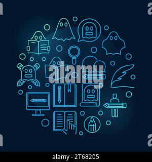 Ghost writing round blue illustration. Vector ghostwriter creative sign in thin line style on dark background Stock Vector